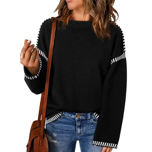 Dokotoo Sweaters for Women Fashion Solid Crewneck Loose Fit Long Sleeve Contrast Cable Knit Pullover Sweater Jumper Tops Knitwear Womenswear Knitwear Womenswear