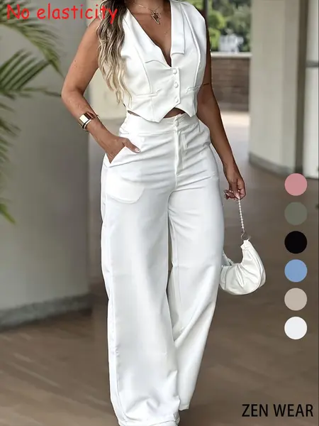 New Women's Pants Set, Sleeveless Fitted Waist Cinching Vest Set, Wide Leg Pants, Minimalist Elegant Office Lady Commuter Two-Piece Suit