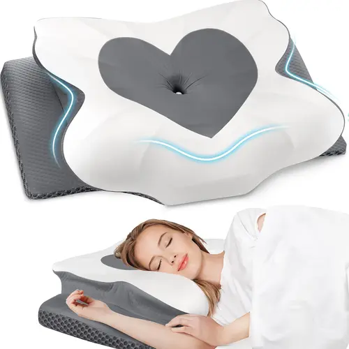 【New】CertiPUR-US Certified Queen Size Cooling Memory Foam Neck Pillow - Mesh Fabric, Heart Shape, Gentle Neck Cradle, Breathable Home Essential for Side & Back Sleepers, Pillows, Cushzone