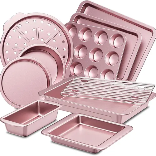HONGBAKE 10pc Non-Stick Teflon-Free Carbon Steel Bakeware Set with Silicone Handles - Pink Girly Kitchen Supplies, Cookie Sheets, Cake Pans for Bakers, Seniors Home Essentials