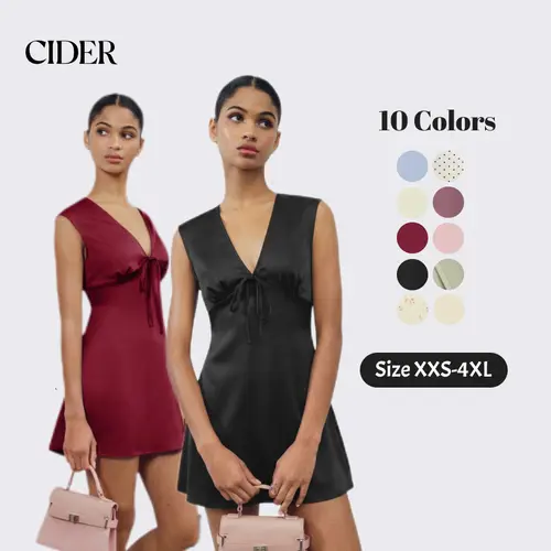 Cider Satin V-neck Ruched Knotted Tie Back Mini Dress Casual Womenswear SummerFinds