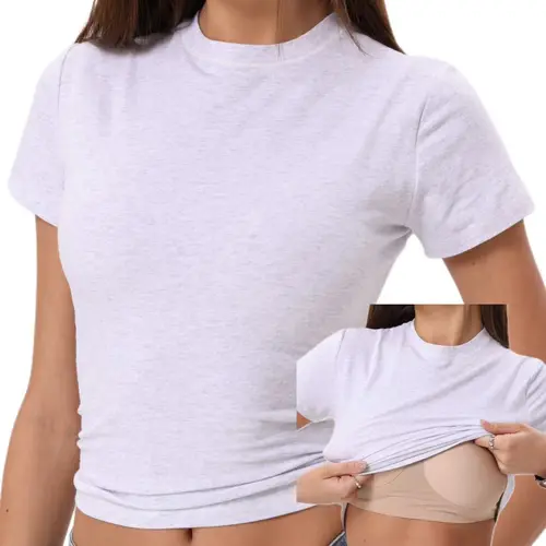 Danysu Built In Bra Solid Cotton Crewneck TShirt No See Through Stretchy Lightweight Fitted Everyday Basic Tops Gym Workout Casual Tee Minimalist Round Neck Women campingessentials Streetwear Womenswear