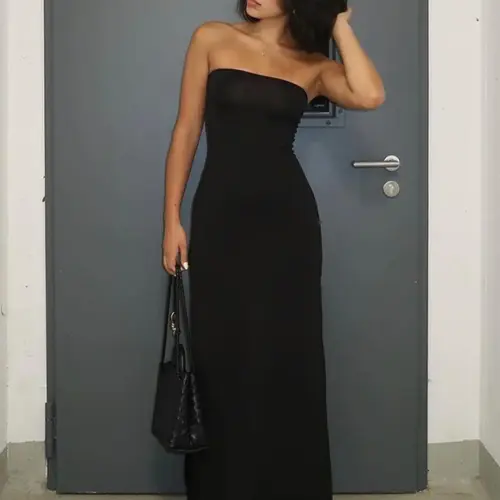 Women's Solid Backless Split Hem Tube Dress, Elegant Chic Sleeveless Strapless A-Line Dress for Parties, Clubs, Dates, Formal Wear and Evening Glam Gown, Ladies Summer Clothes
