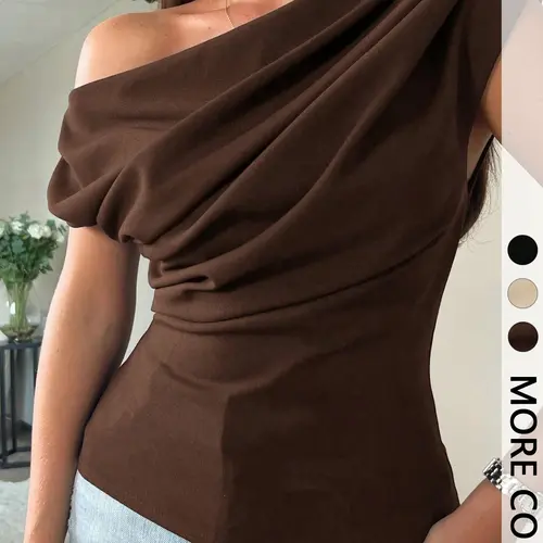 1 Piece Off Shoulder Draped Ruched Fitted Basic Top, Brown Solid Minimalist Casual Outing Wear Womenswear Shirts, Blouses, Casual Summer Tops