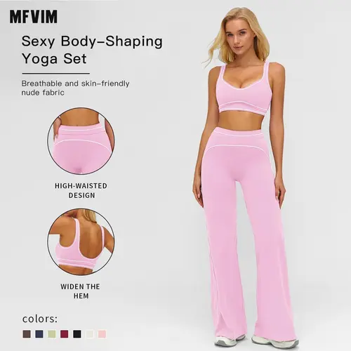 MFVIM Women’s Two-Piece Sports Set – High-Waisted Yoga Pants with Tummy Control and Micro Flare, Premium Contrast Color Design for Running and Everyday Wear,summerwins,travel essentials,camping essentials,back to school,back to school haul