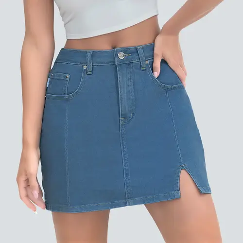 FireSwan Women's High-Waisted Fitted Polyester Denim Wrap Skirt with Pockets - Mature, Elegant, Chic Above-Knee Holiday Essential, Machine Washable Casual Summer Womenswear Bottom, Skirts for Women