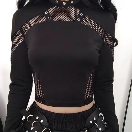 Women's Plain Hollow Out Contrast Mesh Crop Top Tee, Punk Style Mock Neck Long Sleeve T-shirt Fit, Ladies Clothes for Party Holiday, High Neck Mesh