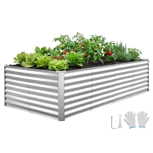 【Summerfinds】VEVOR Rectangular Metal Raised Garden Bed Kit - Alum-Zinc Coat Rustproof Panels, Bottomless Fast Water Drainage, Thickened Legs, Extra-Large Space, Gloves for Outdoor Planting Boxes, Vegetables, Root Support