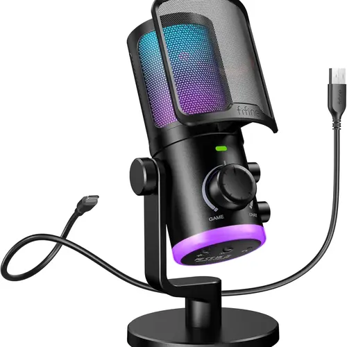 fifine AM6 Condenser Gaming Microphone, PC USB Microphone with Game Chat Balance, Desktop Computer RGB Mic with Quick Mute, Noise Cancellation for Podcasting/Streaming