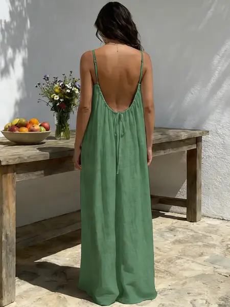 New Women'S Camisole Backless Loose Long Home Wear Dress | Beach Skirt Swimsuit, V-neck, Medium Stretch Fabric, Straight Hem, Elegant Style for Spring/Summer Womenswear