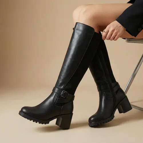 Women's Wide Calf Knee-High Moto Riding Boots - Faux Leather, Plain, Round Toe, Stretchy Back, Chunky Block Heel, Lug Sole, Comfortable Heels, Women's Footwear, Chunky Heel, Elastic Knit