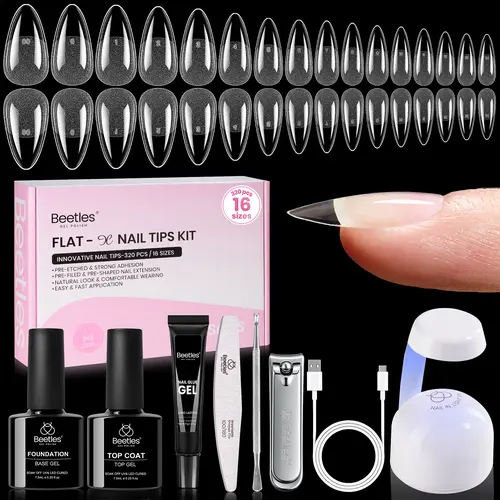Beetles Gel Nail Kit Flat-X, 320pcs 16 Sizes Nail tips, with 15g Nail Glue Gel Hands-Free, 7.5ml Base Gel & Top Coat, Mini Lamp, for Acrylic Press On Nail, Extension DIY Set at Home