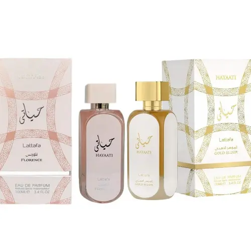 Lattafa Hayaati Florence & Gold Elixir Luxurious Unisex 2-Piece Leather-Accented Gift Set - Long-Lasting Eau de Parfum Spray for Adults, 2x100ml with Saffron, Amber, Musk, Citrus & Vanilla Notes