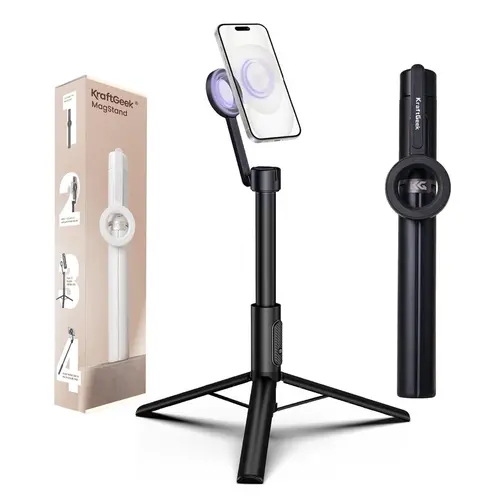 KraftGeek Magstand Magnetic Selfie Stick Cellphone Tripod - 64" Strong Black Magnetic MagSafe-Compatible Mount, 360° Rotation, Remote Control for iPhone 12-17, Pixel 10, Vlogging Travel Gadgets, Mobile Phone Accessories
