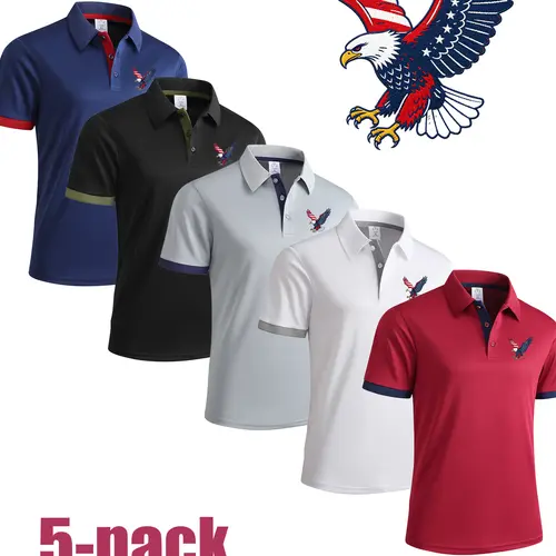 Men's 5-Pack American Eagle Short-Sleeve Turn-Down Collar Polo Shirts (Top) - Chest Patch Print, Colorblock, Smart Casual, Contrast Trims, Button Closure, Smooth, Minimalist, Breathable, Basic Fabric, Black, Blue, Navy - Office, Outdoor, Athletic Use