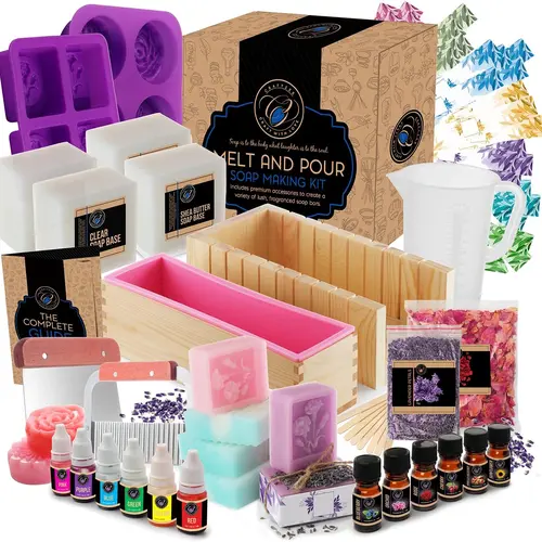 CraftZee Large Soap Making Kit with Shea Butter Soap Base, Cutter Box, Silicone Loaf Molds, Fragrances, Rose Petals, Instruction Manual & More