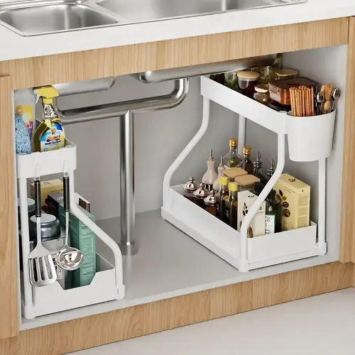 2-Tier Pull-Out Under Sink Organizer with Drawer, Expandable & Detachable Kitchen Storage Rack with Hooks, Large Capacity Sliding Cabinet Organizer for Bathroom, Pantry & Space Saving Home Storage undersink