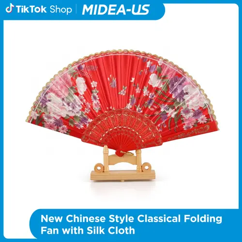 New Chinese Style Silk Cloth Gold Trim Classical Ladies Folding Fan for Dance & Photography Props