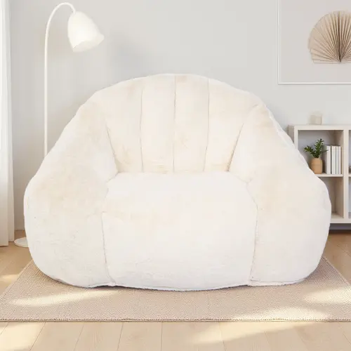 Microfibre Upholstered Bean Bag Chair for Adults - Beige Petal-Back Shell-Shaped Sponge Lazy Sofa with Footstool, 29.5 Inches Tall, 47.2 In, for Living Room, Bedroom
