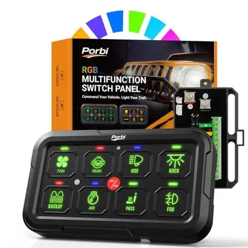 Premium 8-Gang RGB Backlit Switch Panel Switchboard, 12-24V Universal Circuit Control Relay System with Momentary Toggle Pulsed Memory, Auto-Dimming LEDs, IP65 Rated Waterproof, Plug-N-Play, Reverse Polarity OK for Cars/Trucks/Boats (Flush or Angled Fit)