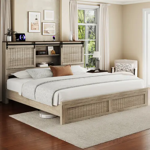 Belffin King Size Heavy-Duty Wooden Bed Frame with Headboard, 2-Tier Drawer Space (Upper+Lower Tiers), LED Light, Built-In Charge Ports, No Box Spring Needed, Silent, Stylish Bedroom Furniture [tiktokshopbacktoschool]