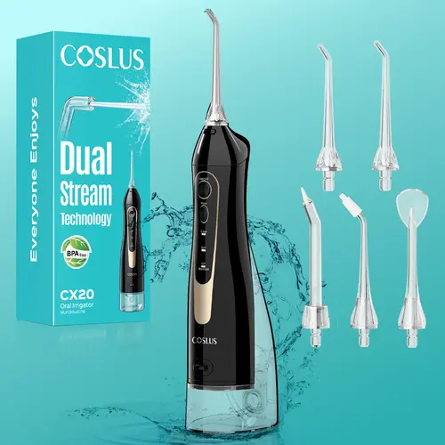 COSLUS CX20 Portable Oral Irrigator - Rechargeable Plastic Water Flosser, 300ML Tank, 5 Jet Tips, Gentle Mode, IPX7 Waterproof, Plaque Removal Teeth Cleaner, Self Care Gadget for Braces & Sensitive Gums,back to school,back to school haul
