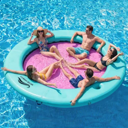 【Summervibes】Sun Chill 6FT/8FT/10FT Round Inflatable Water Hammock for Lake Beach Party, Heavy Duty Floating Dock Platform with Mesh, Fun for Adults & Kids Ages 3+, Inflatable Float Ring Raft for Pool & Lake Summer Party