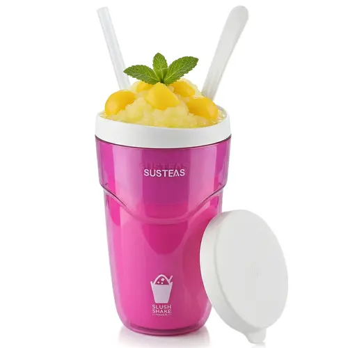 SUSTEAS Plastic Squeezy Frozen Slushy Maker Water Bottle - 240ml Double-Walled Portable Kitchen Drinkware with Lid, 1.5oz Spoon & Straw, 80% Full Pour Room, Washable, Easy to Use, Quick Handwash Clean, Make Slushies in Minutes, Ideal for Summer Parties