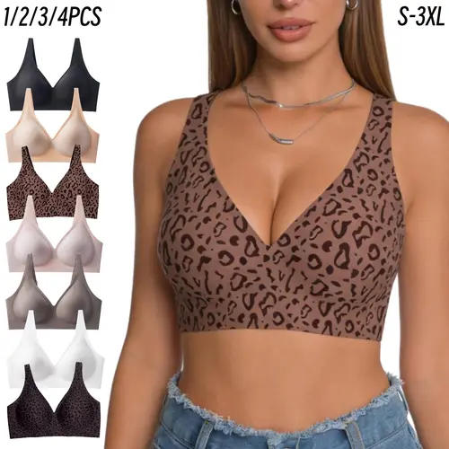 1/2/3/4PCS Leopard Print Jelly Bra Wireless No Underwire Everyday Comfort Push UpSeamless T-Shirt Bra with Minimizer & AdjustableStraps Fit Minimalist Fabric Womenswear Soft FitSmooth Yarn Basic Lady Underwear S-3XL