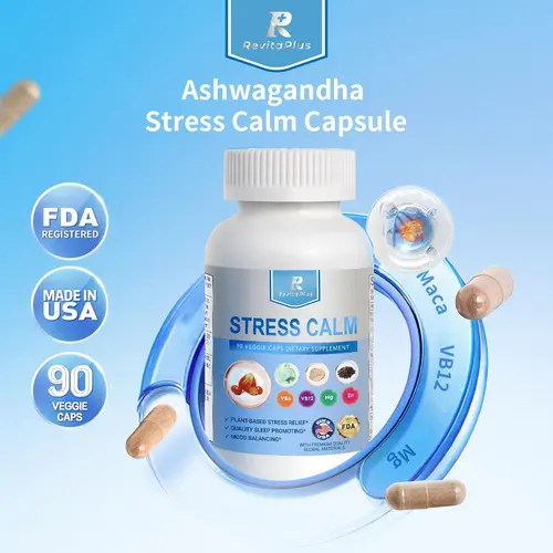 RevitaPlus Stress Calm Dietary Supplement with Ashwagandha Maca Magnesium Vitamin B12 & B6 Black Pepper 90 Veggie Capsules for Stress Relief Sleep Support & Strength Enhancement Made in USA FDA Registered - Healthcare