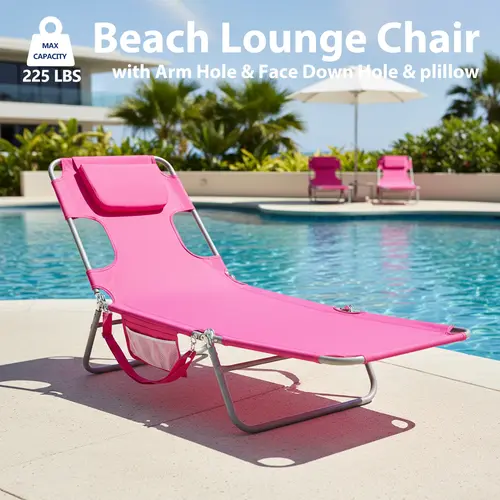 Folding Adjustable Chaise Lounge Chair, Portable Beach Lounge Chair with Backpack Straps & Side Pocket for Outside, Patio, Poolside, Lawn