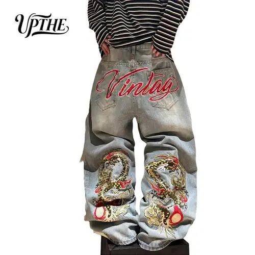 UP.THE Y2K Baggy Jeans Men's Wide Leg Hip Hop Streetwear Dragon Embroidered Classic Quality with Button Detail for Casual Outings Pants Vibe, Menswear, Denim