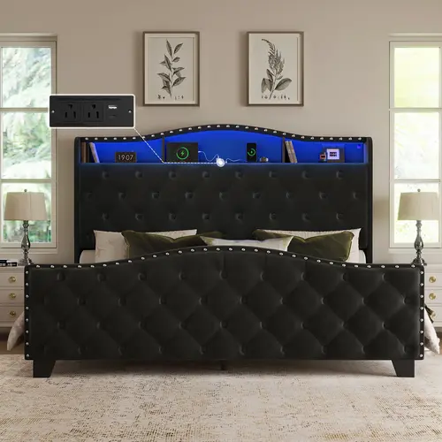 Belffin Queen/King Velvet Wingback Bed Frame with 50.9” Tall Headboard, LED Lights, Storage Shelf & Charging Station, Button Tufted Footboard, No Box Spring Needed, Noise-Free – Black/White,dorm essentials,home decor[tiktokshopbacktoschool][SohoChic]