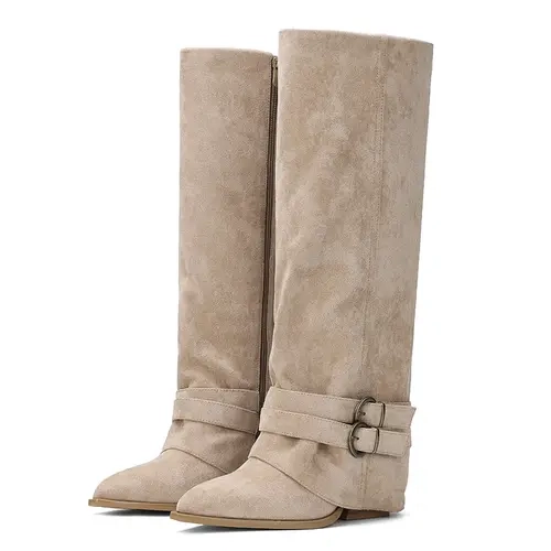 AOSPHIRAYLIAN Women's Knee High Boots - Wide Calf, Pointed Toe, Chunky High Heel, Belt Buckle Fold-Over Shoe - Comfortable Heels, Statement Footwear for Fall sohochic