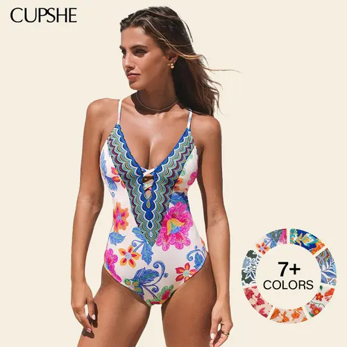 CUPSHE Boho Floral One-Piece Swimwear | Sculpting Tummy Control Swimsuit, Plunging V-Neck & Adjustable Straps Summer Beach Holiday Bathing suit #summerfinds