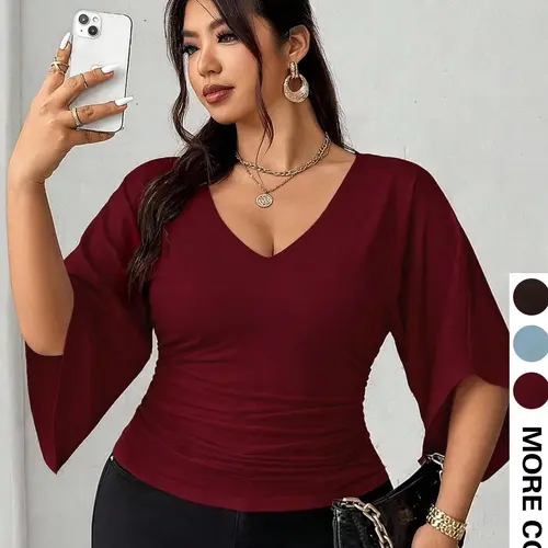 Plus Size Women's V Neck Flare Sleeve Ruched Top, Burgundy Slim-Fit Stretchy Tee for Daily Wear, Casual T-Shirt for Curvy Women