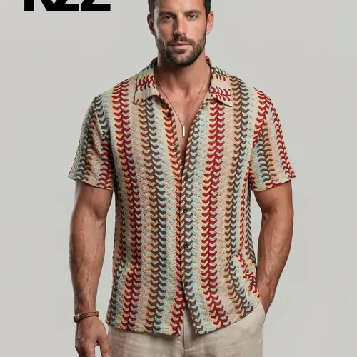 KZZ 2026 New Summer Menswear Short Sleeve Openwork Knit Shirt - Colorful Drawstring, Breathable, Fashion Apparel for Everyday Casual Wear, Mens Clothing, Father's Day Gifts