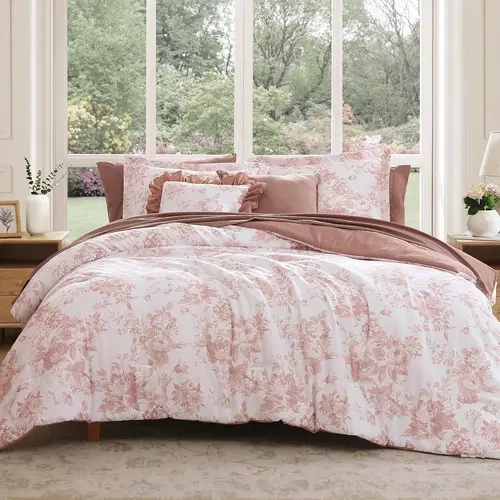 BLOOMHAVEN Queen Soft Bedding Set - 7-Piece Bed Comforter Sets with Floral Bedding, 66"x96" Flat Sheet, Pillowcases, Shams, Ultra-Soft Touch Soothes Bedtime, All-Season Botanical Rose Design