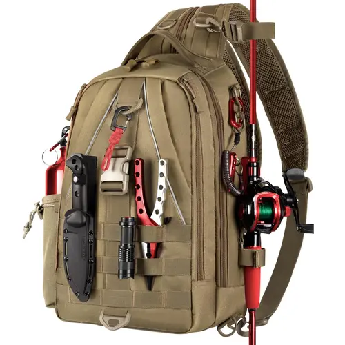 Unisex Nylon Fabric Fishing Tackle Backpack - Lightweight Water Resistant Fishing Bag with Rod Holder, Side Pocket, Waist Strap, Zipper Closure, Double Zips for Outdoor Shoulder Gear Storage (Accessories Not Included)