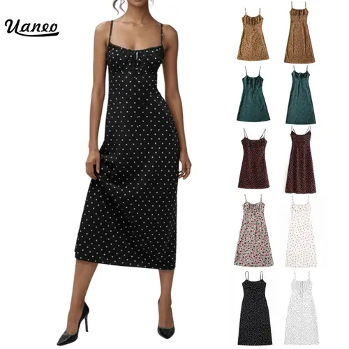UANEO Women's Floral Dress Polka Dot Low-Cut Square Neck Spaghetti Strap Tie Bodycorn Dresses Casual Wear Slip with Adjustable Straps & Elastic Neckline SummerVibes Black Womenswear