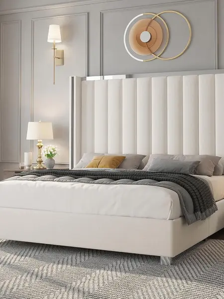 [Summerwins]Amerlife Queen Upholstered Platform Bed Frame - 58" Tall Channel Tufted Wingback Headboard, Velvet Upholstery, Durable, No Box Spring Needed, Luxury Indoor Apartment Furniture, Home Decor Gift, Queen Bed Frame