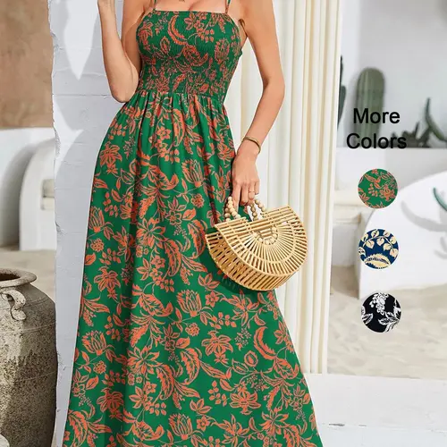 Women's Floral Print Shirred Waist Maxi Dress, Sleeveless Backless Design, Adjustable Strap, Boho Casual Vacation Wear, Spring Summer