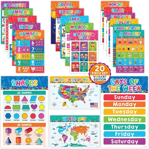 Decorably 20 Vibrant Learning Posters for Toddlers 1-3, 11x17in Educational, Matte-Laminated Classroom Decor for Preschool and Kindergarten - for Hallways, Bulletin Boards, Home Study Room