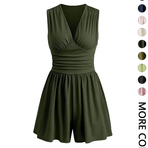 Women's Plain Ribbed Ruched Deep V Neck Tank Short Romper Piece, Elegant Sleeveless Romper For Summer, Fashion Casual Ladies Clothes For Daily Wear