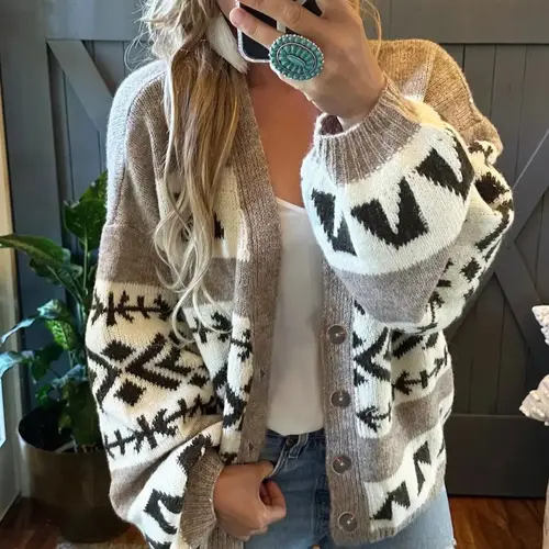 Women's Patchwork Geometric Print Button Front Cardigan, Casual Fabric Knitwear Drop Shoulder Lantern Sleeve Knitwear for Fall, Fashion Ladies' Knit Clothing for Daily Wear, Knitted Sweater, Lightweight Knit Sweater