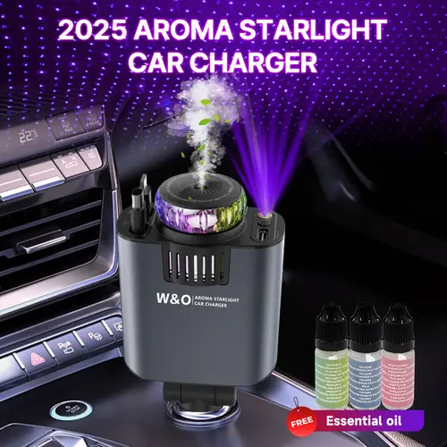 W&O Compact Aromatic Starlight Cell Phone Charger - Retractable In-Car Roof Fast Charger with Lightning Cable, 2 USB Ports, Vehicle Power Adapter, Essential Oils & 6 Oil Gift (Red, for Cars)