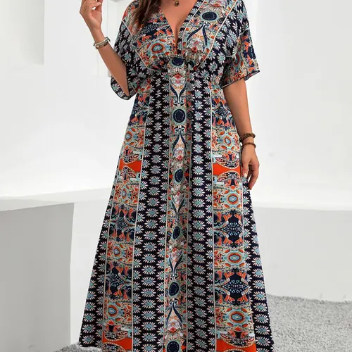 Plus Size Ethnic Pattern Ruched V Neck Dress, Boho Bohemian Casual Floral Print Batwing Half Sleeve A Line Dress for Summer, Women's Clothes for Beach Holiday Vacation, Boho Style Dresses