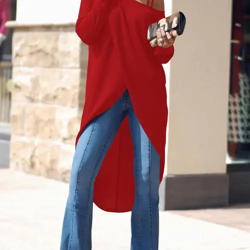 Women's High Low Hem Asymmetrical Neck Tee, Casual Wrap Long Sleeve T-Shirt Top, Ladies Everyday Fit Womenswear Clothes for Daily Wear Medium