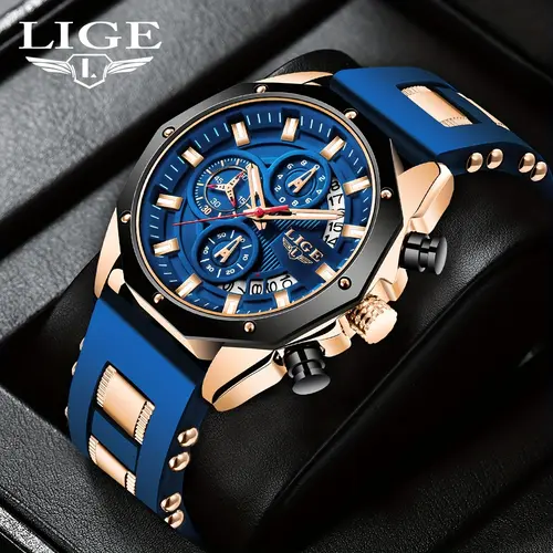 LIGE Men's Analog Quartz Sporty Waterproof Watch - Chronograph, Blue Dial, Water Resistant, Ideal for Outdoor Activities, Father Gifts, Men's Stuff