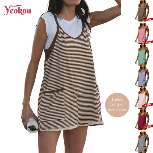 Yeokou Women's Summer Athletic Dress with Built-in Shorts - Sleeveless V-Neck Striped 95% Cotton 5% Spandex, Casual Wear, Women's Clothes, Beach Outfits, Tennis Workout Vacation, XS-XXL Brown,summerwins
